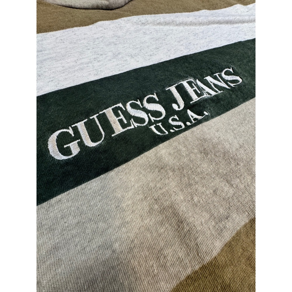 Vintage GUESS Jeans USA Striped Long Sleeve Shirt XXL Tan Green Embroidered Logo - Picture 6 of 7